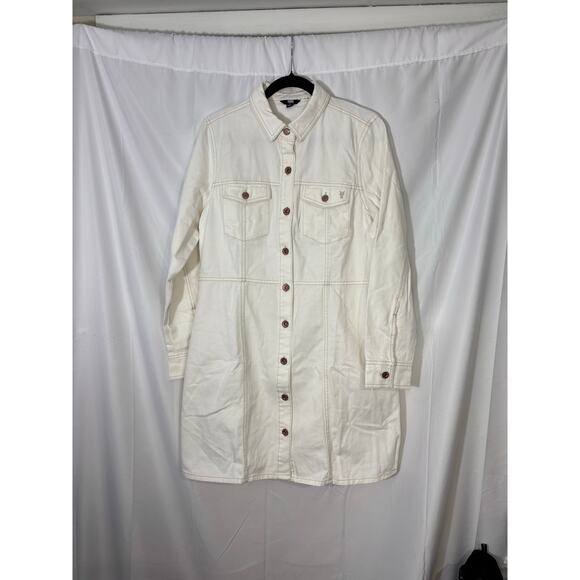 Frye White Denim Button Front Shirt Dress Tunic Large Long Sleeve Utility Style - Picture 2 of 5